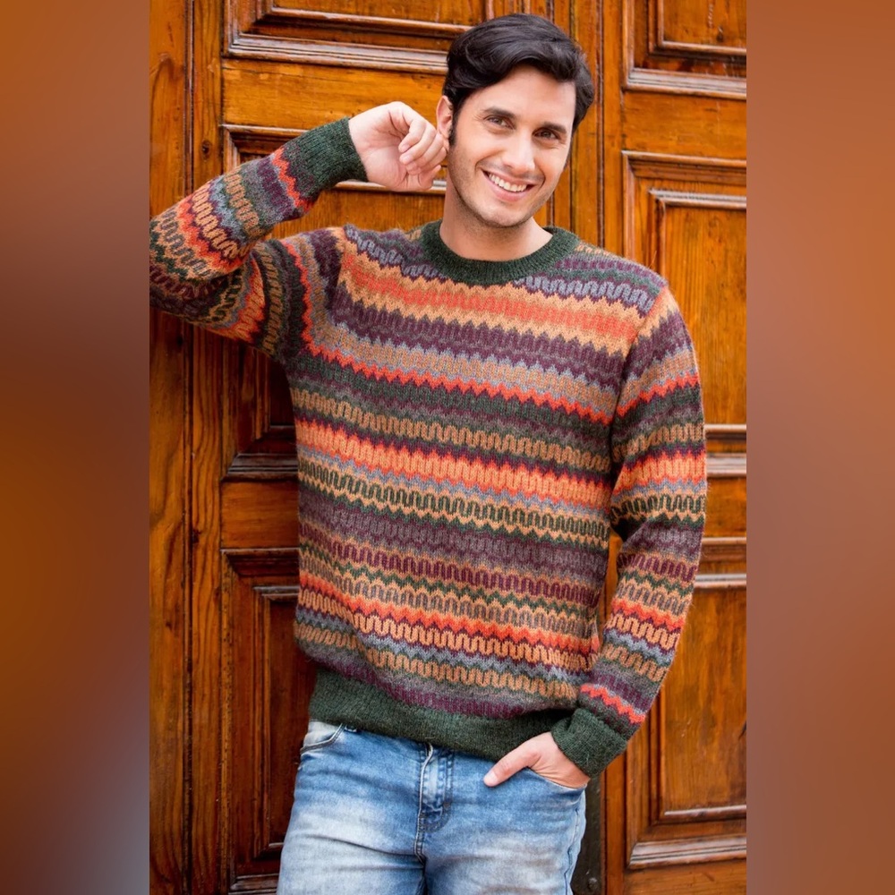 Novica 100% Alpaca Sweater fair isle Handcrafted in Peru M forest green men’s m